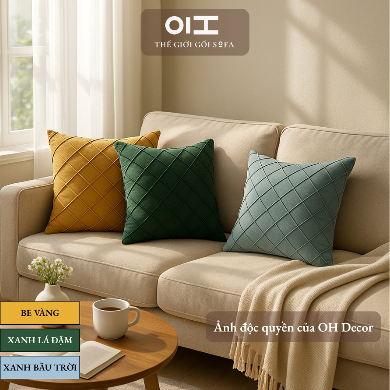 Gối tựa sofa tựa lưng vuông 45x45 nhung mềm cao cấp họa tiết trám chéo hiện đại