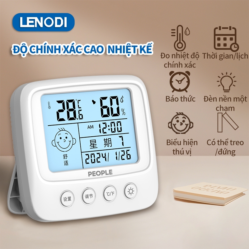 Nhiệt kế đo nhiệt độ phòng điện tử LENODI, độ ẩm, báo thời gian, cảnh báo cảm xúc có đèn led