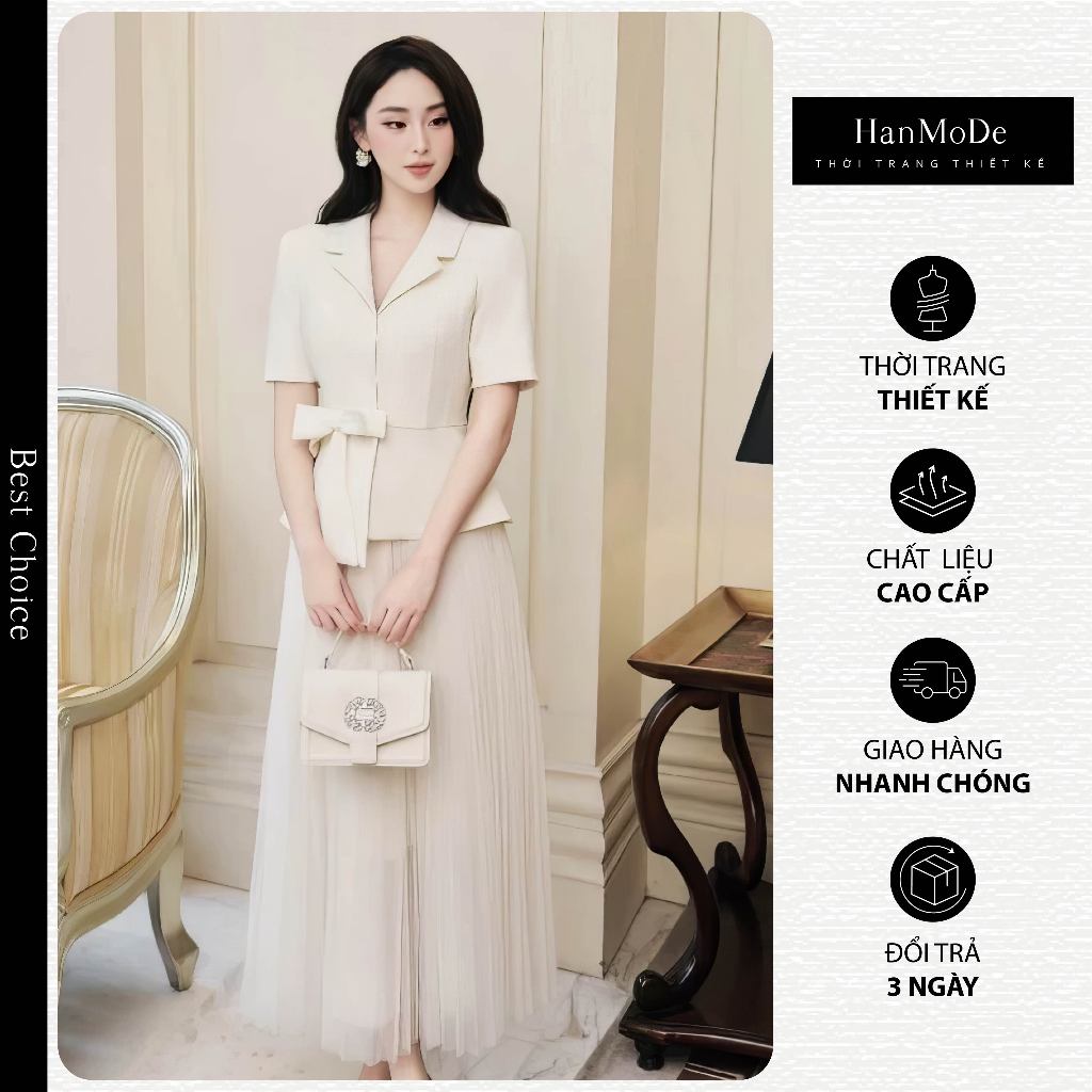 Sét Vest Nữ Tay Ngắn Phối Nơ- Vest Nữ Cao Cấp- Sét Vest Nữ Hàn Quốc - Sét Vest Nữ Phối Chân Váy