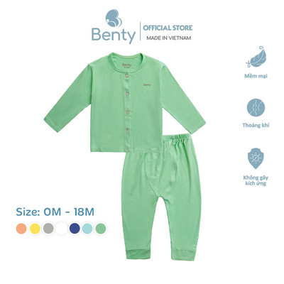 Bộ dài tay cài thẳng trơn BENTY basic unisex chính hãng mềm mịn mát, quần áo trẻ em quần đáp đũng