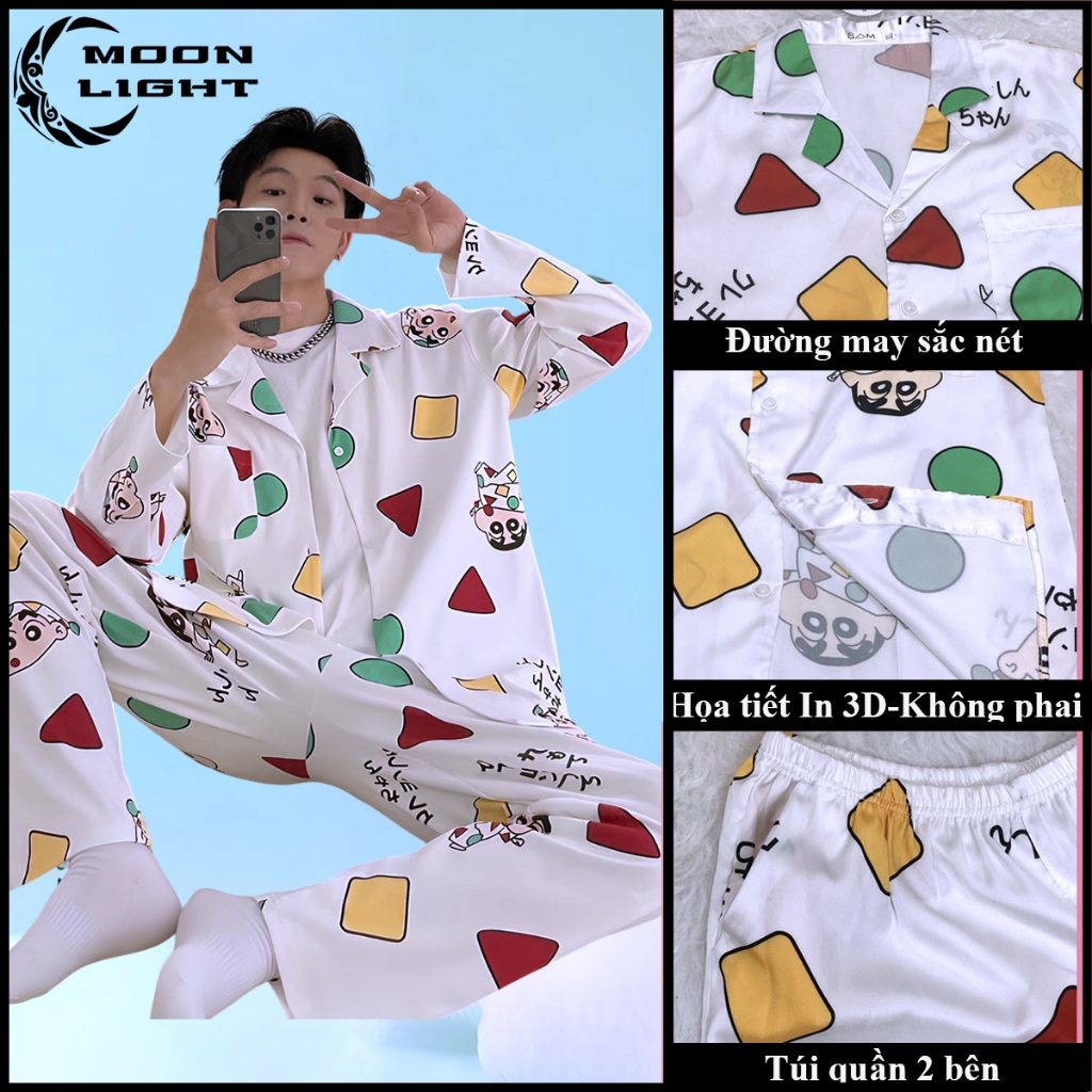 Bộ đồ ngủ nam DÀI TAY vải lụa satin mềm mại thoáng mát họa tiết hình Hình Shin Mã 80