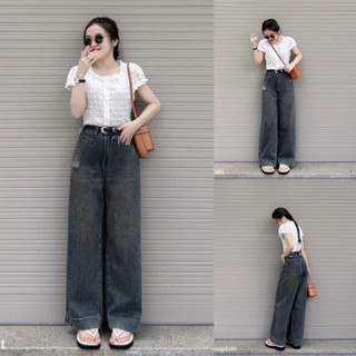  Quần Jeans Rách Nữ Ống Rộng Lưng Cao Màu Khói Retro . Quần Bò Basic chất mềm 