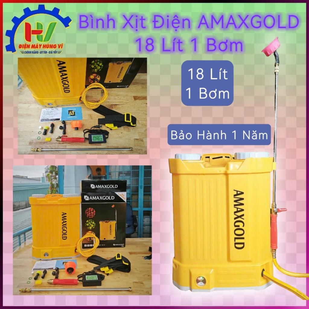 Bình Xịt Điện AMAXGOLD 18 Lít ( 1 Bơm / 12V - 8Ah). Motor Chạy Cực Êm. Vỏ Bình Dày. Bảo hành 1 Năm
