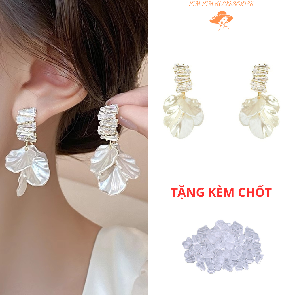 Bông Tai Nữ Dáng Dài Cánh Hoa Rũ Phối Đá Trắng – Thiết Kế Sang Trọng, Cá Tính Dễ Thương