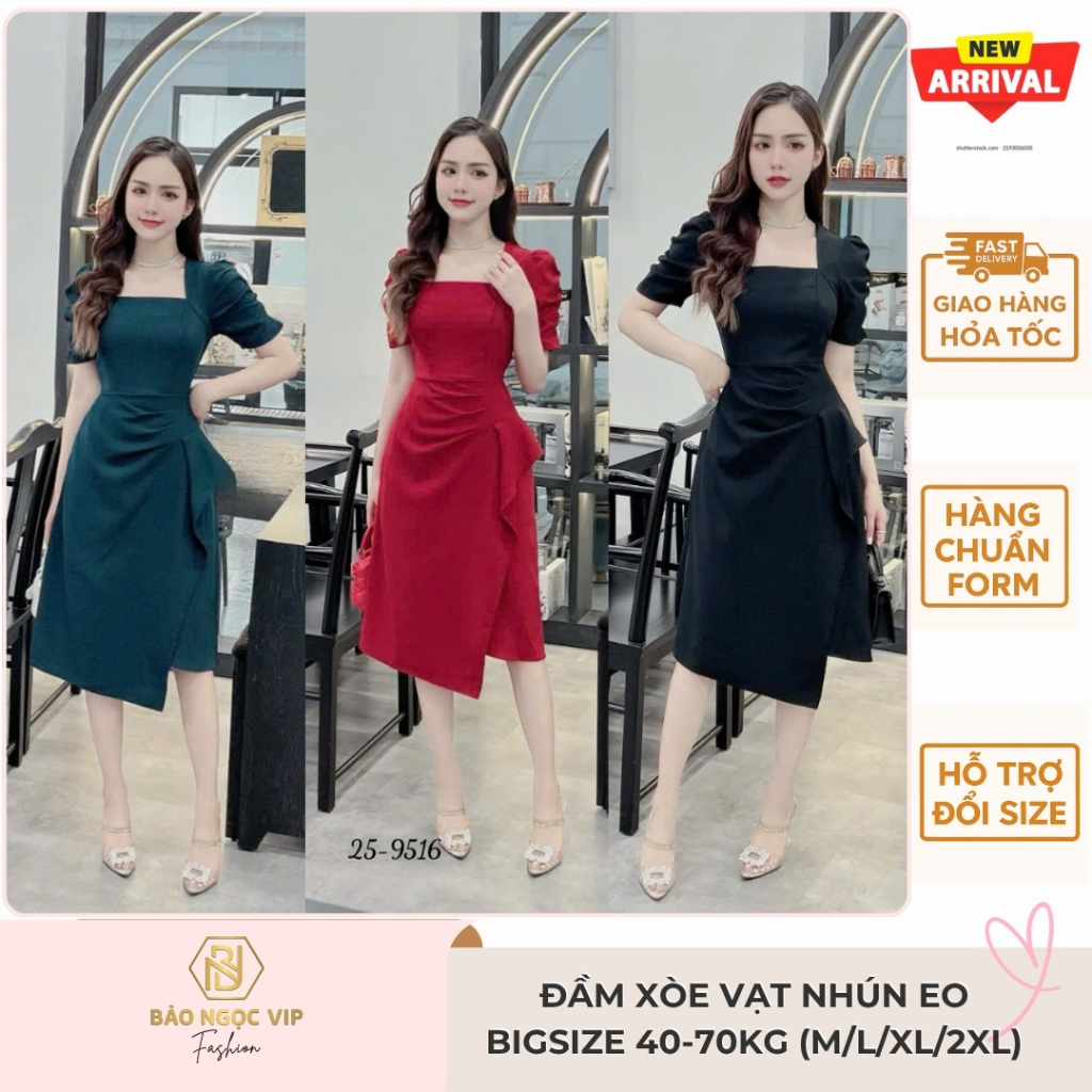   Có Bigsize  Đầm xòe Bảo Ngọc Vip  cổ vuông vạt chéo đính tag ngọc nhũ bạc đi tiệc công sở đi biển 