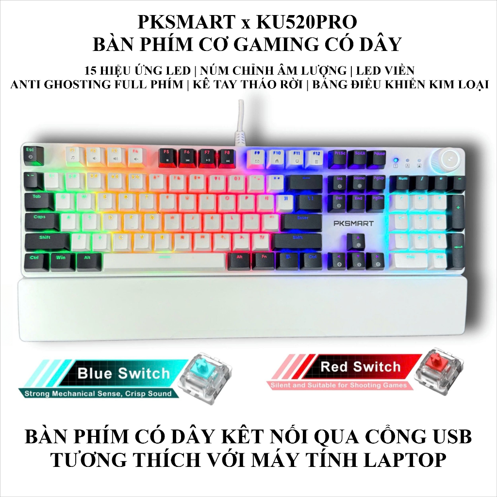 Bàn Phím Cơ Chơi Game Có Dây - PKSMART x KU520PRO - Anti Ghosting Full Phím - 15 Hiệu Ứng LED - Kê T