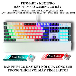  Bàn Phím Cơ Chơi Game Có Dây - PKSMART x KU520PRO - Anti Ghosting Full Phím - 15 Hiệu Ứng LED - Kê Tay Tháo Rời - Núm 