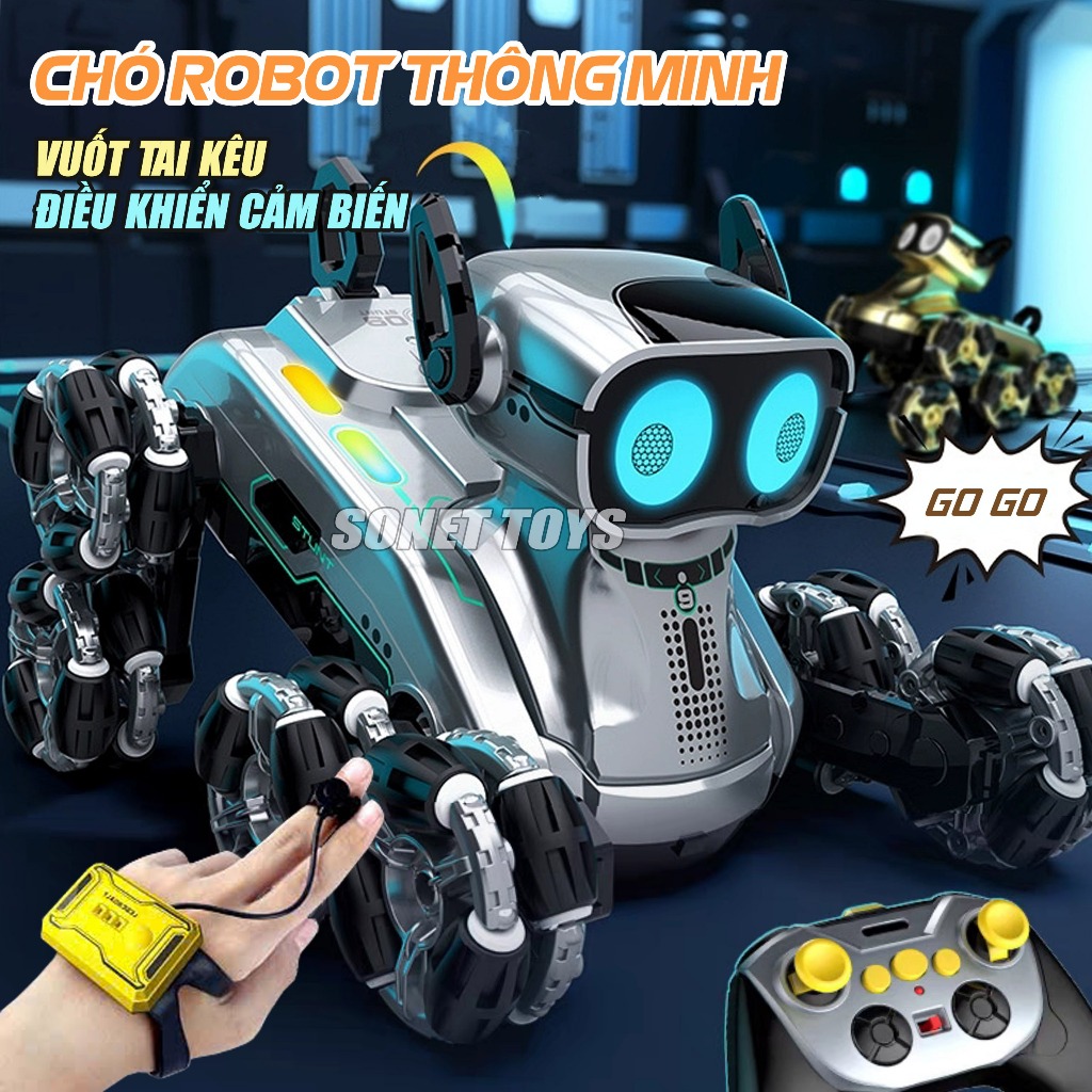 (Vuốt tai kêu) Chó Robot 8 bánh điều khiển từ xa nhiều chức năng, pin sạc, đèn led, âm nhạc vui nhộn