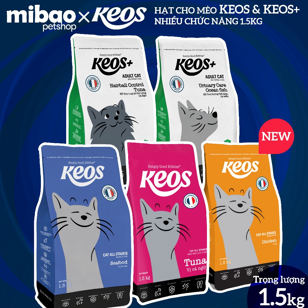 (1.5kg) Thức ăn hạt cho mèo KEOS - Hỗ trợ tiêu búi lông - Đường tiết niệu - Hải sản - Mibao Pet Shop