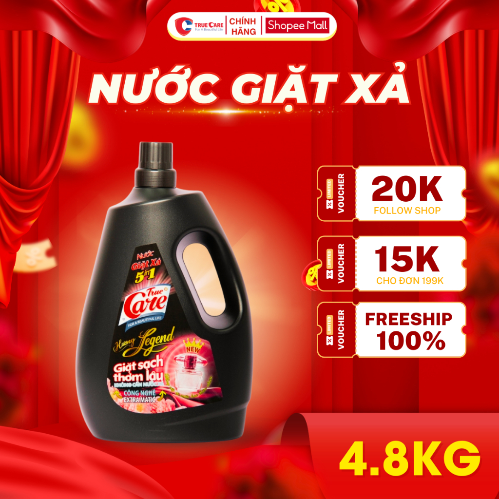 Nước giặt xả True Care can 4,8kg trắng sạch quần áo , gấp đôi hạt lưu hương thơm lâu mềm vải
