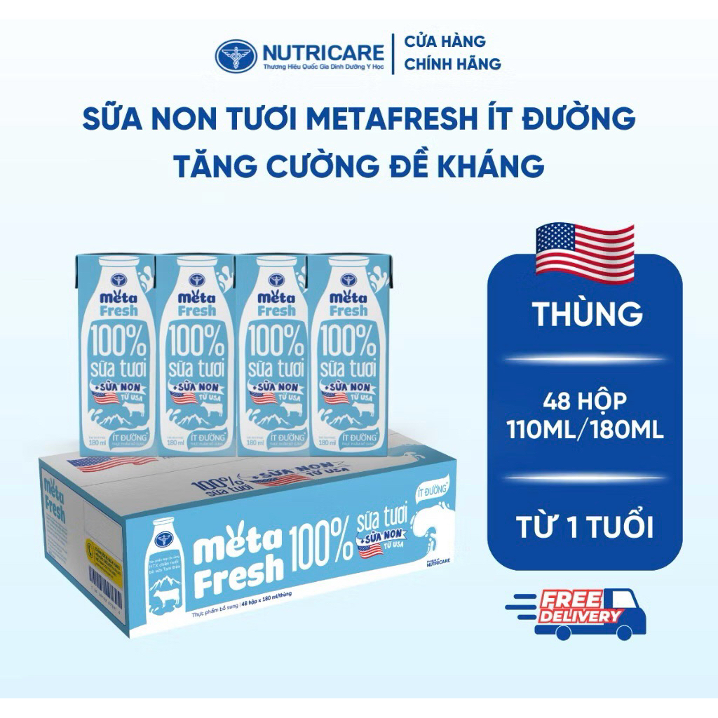 Thùng sữa tươi Nutricare Meta Fresh loại 180ml x 48hộp