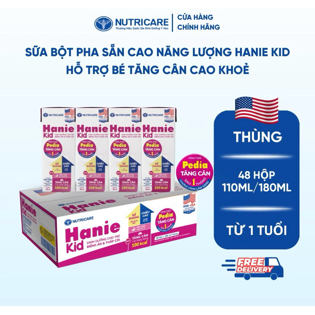 Thùng sữa bột pha sẵn nước Nutricare Hanie Kid cho trẻ biếng ăn và suy dinh dưỡng