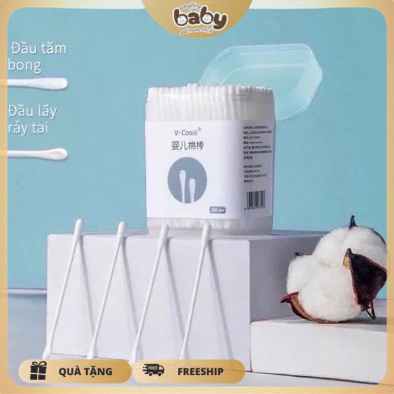 Tăm Bông Vcool Cao Cấp, tăm bông thân gỗ Cho Bé và cả gia đình – Mềm, Dai, Không Xơ – Hộp 200-400 Que