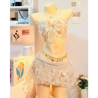 Set Bikini set đi biển 2 món Áo quây Bra tag bướm chân váy vải 3D lanbishop LB39
