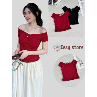 Áo thun nữ cổ vuông tay ngắn Cesy, áo nữ thời trang tiểu thư kiểu Hàn viên ren xinh chất cotton co gian nhẹ 3273