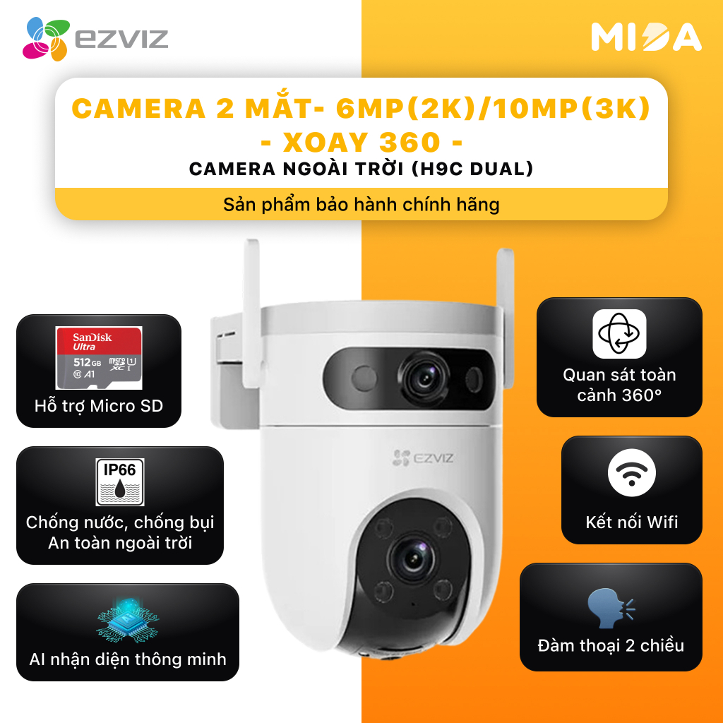 Camera 2 Mắt EZVIZ H9c Ngoài Trời Xoay 360 | Chọn 6MP(2K) & 10MP(3K) | AI Theo Dõi Người, Có Màu Đêm