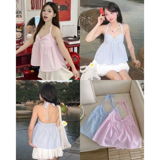  Áo babydoll cổ yếm kẻ sọc   ẢNH THẬT - CHẤT XỊN   bo chun co dãn lưng cúp ngực siêu ngọt - 101 - 