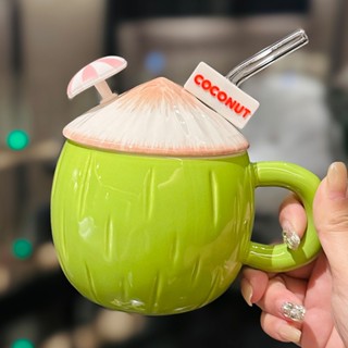  Cốc sứ hình quả dừa kèm nắp ống hút dung tích 430ml GS045 ly sứ uống trà cốc uống nước văn phòng 