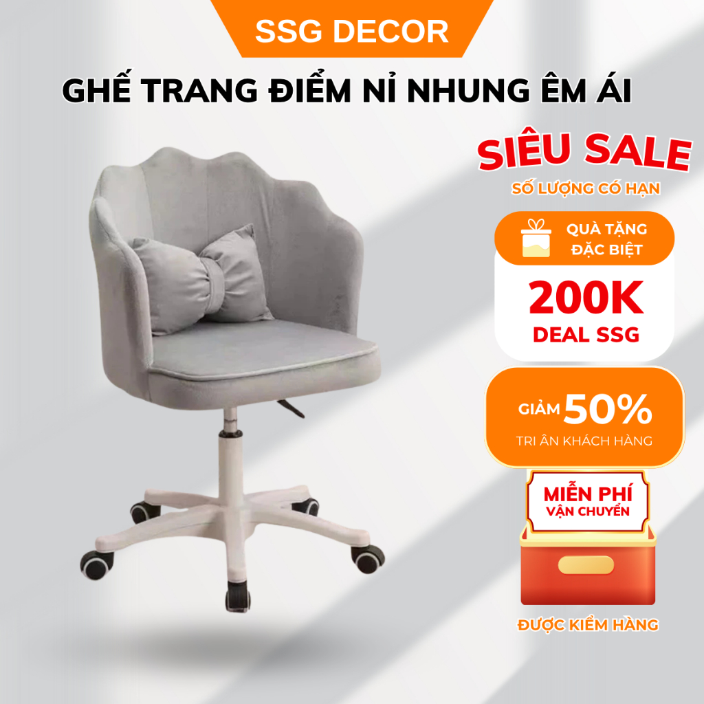 Ghế sen nỉ nhung êm ái SSG phù hợp ngồi bàn trang điểm bàn nail phong cách sang trọng, hiện đại TẶNG KÈM NƠ