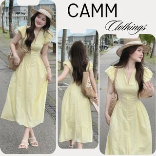  Đầm váy vàng dáng dài tay bồng sườn nhún tiểu thư mặc đi biển mùa hè HCOM25503-CAMM 