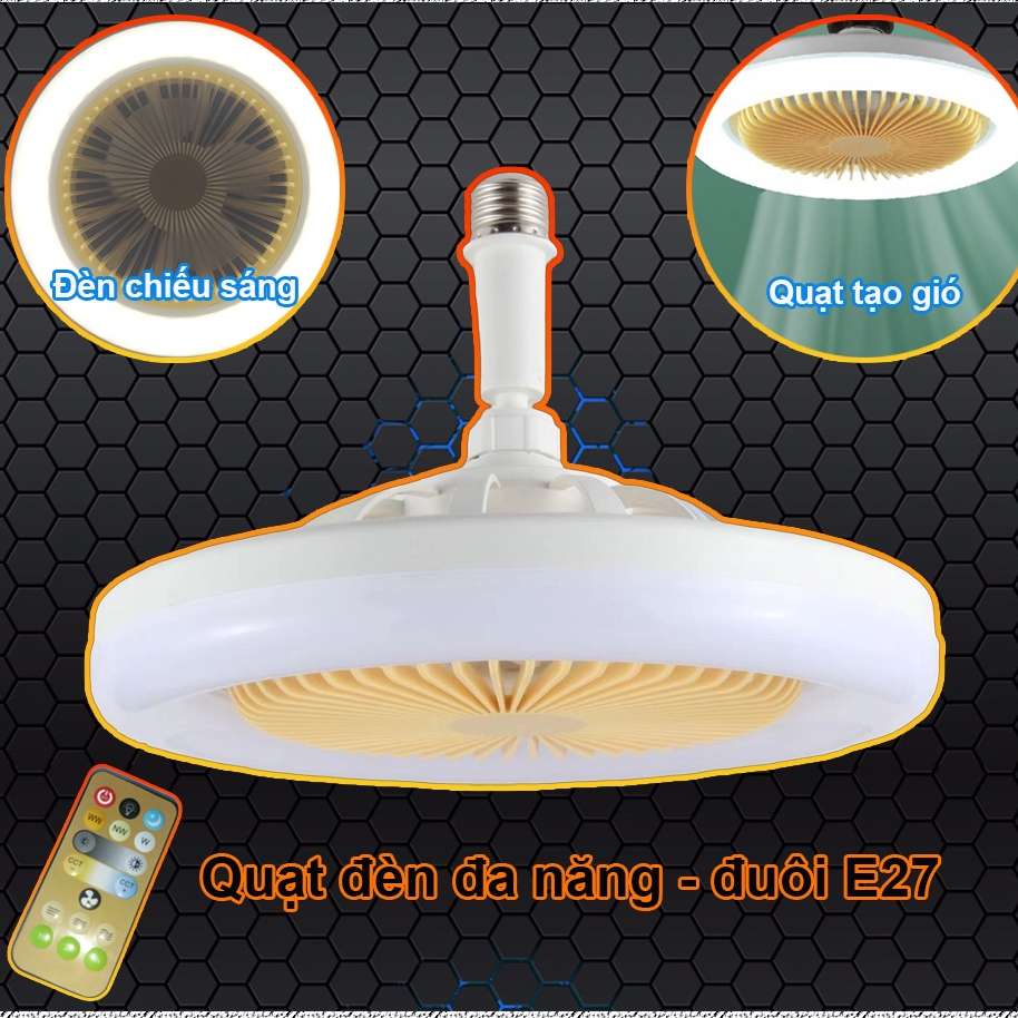 Quạt trần mini sử dụng đuôi E27 tích hợp đèn 30W 3 chế độ sáng có điều khiển từ xa (quạt siêu mát - 