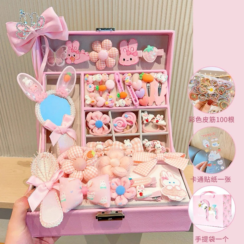   SẴN HÀNG  Hộp nơ kẹp tóc quà Tết cho bé gái có khóa làm quà tặng dễ thương xinh xắn màu be màu hồng 