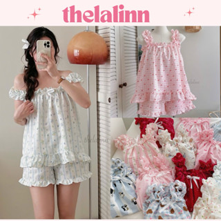 [ẢNH THẬT] Set pijama đũi hàn 2 dây bèo nhún chun mềm mại hoạ tiết xinh xắn. Bộ ngủ nữ đũi cotton dây mùa hè