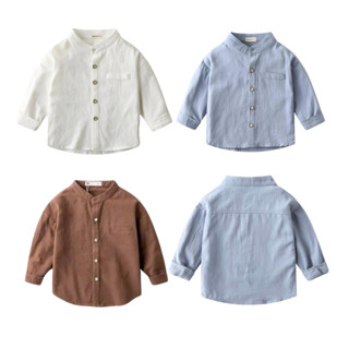  Áo sơ mi trắng xanh bé trai bé gái dài tay chất liệu thô đũi mặc thoải mái phong cách Hàn Quốc Viola Kids 