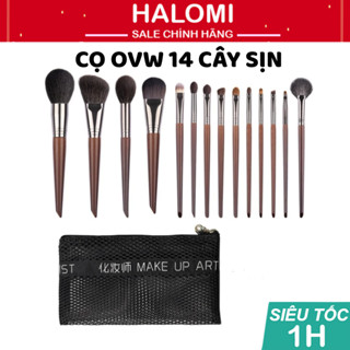 Bộ cọ 14 cây OVW Halomi kèm túi lưới cán gỗ lông mềm mịn cao cấp dùng cho makeup chuyên nghiệp