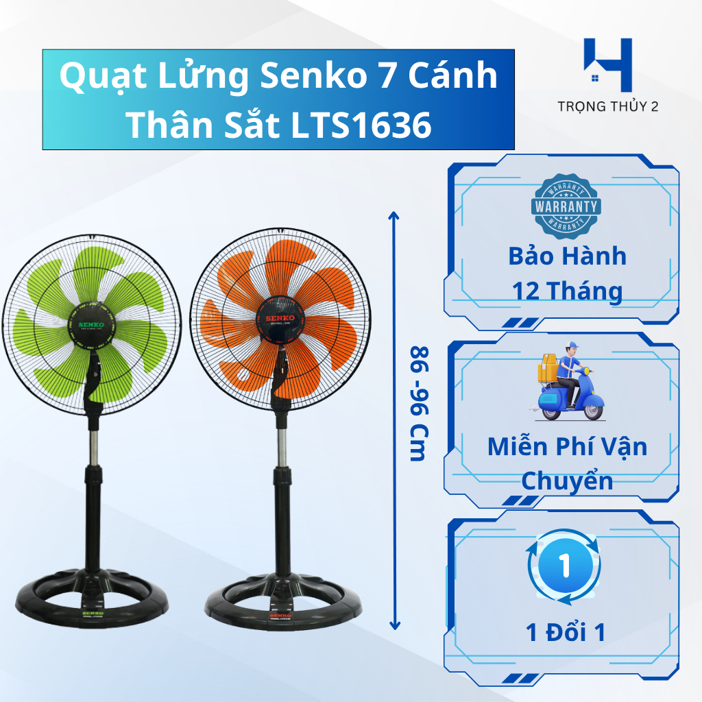 Quạt Lửng SENKO LTS1636 65W - Đen Cam/Đen Két - Gió Êm Không Ồn, Bảo Hành Chính Hãng