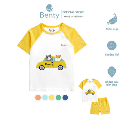 Cộc tay cài chéo nền trắng in hình động vật size lớn BENTY mềm mịn mát, đồ bộ trẻ em cao cấp cho bé