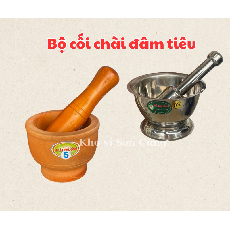 Bộ cối chày gỗ, cối chày inox đâm tiêu giã tỏi ớt