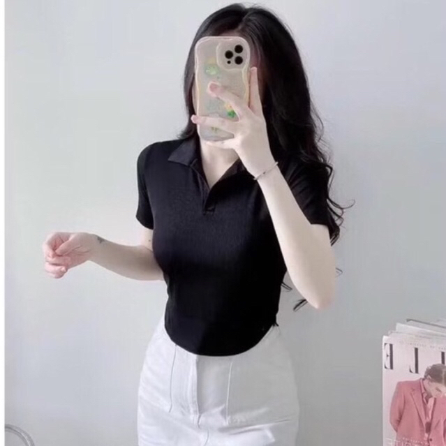 Áo Polo Croptop nữ Vạt Bầu dáng ôm chất co giãn nữ sinh Hàn Quốc A230