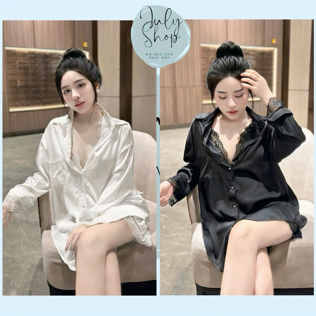   <70kg  Váy Ngủ Đầm Ngủ Sơmi Sexy BIGSIZE Set Bộ Áo Sơmi Tay Dài Phối Ren Mềm Mại Kèm Quần Lụa Latin Cao Cấp 