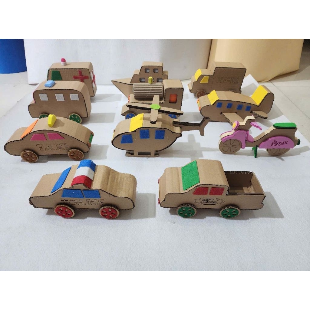 Bộ 10 phương tiện giao thông bằng bìa carton, mô hình ô tô steam