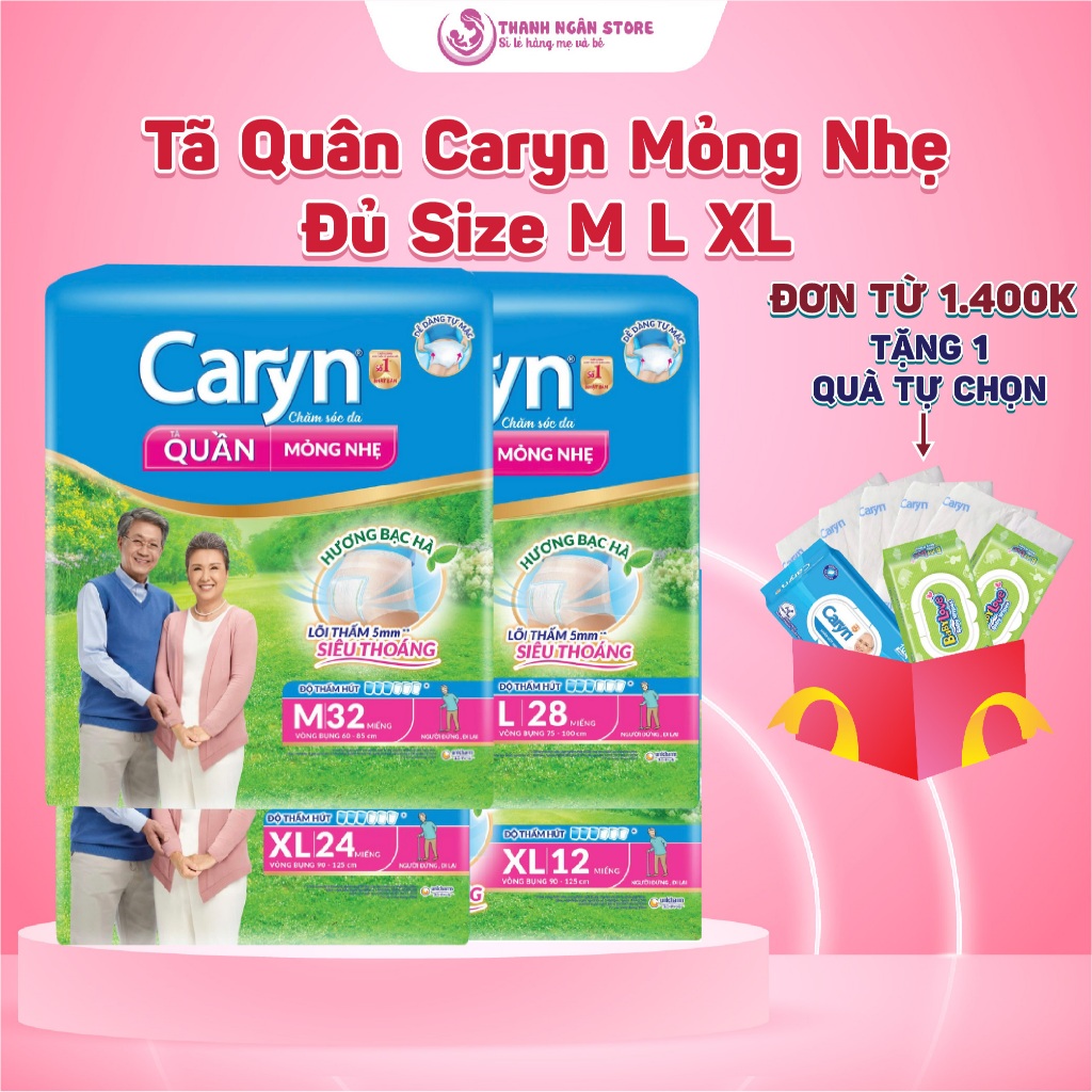 Tã Quần Caryn Mỏng Thoáng Hương Bạc Hà Siêu Thoáng Size M32 L28 XL24 M16 L14 XL12 - Bỉm Tã Người Già