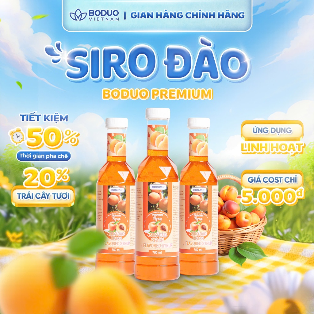Siro Đào Boduo Premium 750ML – Siro Pha Chế Vị Đào Chín Mọng, Ngọt Thanh Chuẩn Vị Quán