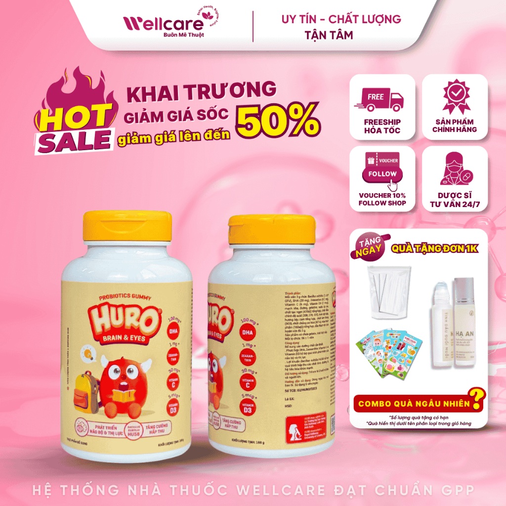 [CHÍNH HÃNG VIỆT NAM] Kẹo dẻo Huro Brain & Eyes - Hũ 168g Bổ sung vi chất cho phát triển não và bảo 