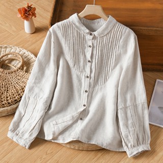  Áo sơ mi nữ cổ bâu sen xếp ly ngực cao cấp linen cotton thoáng mát ASM02 