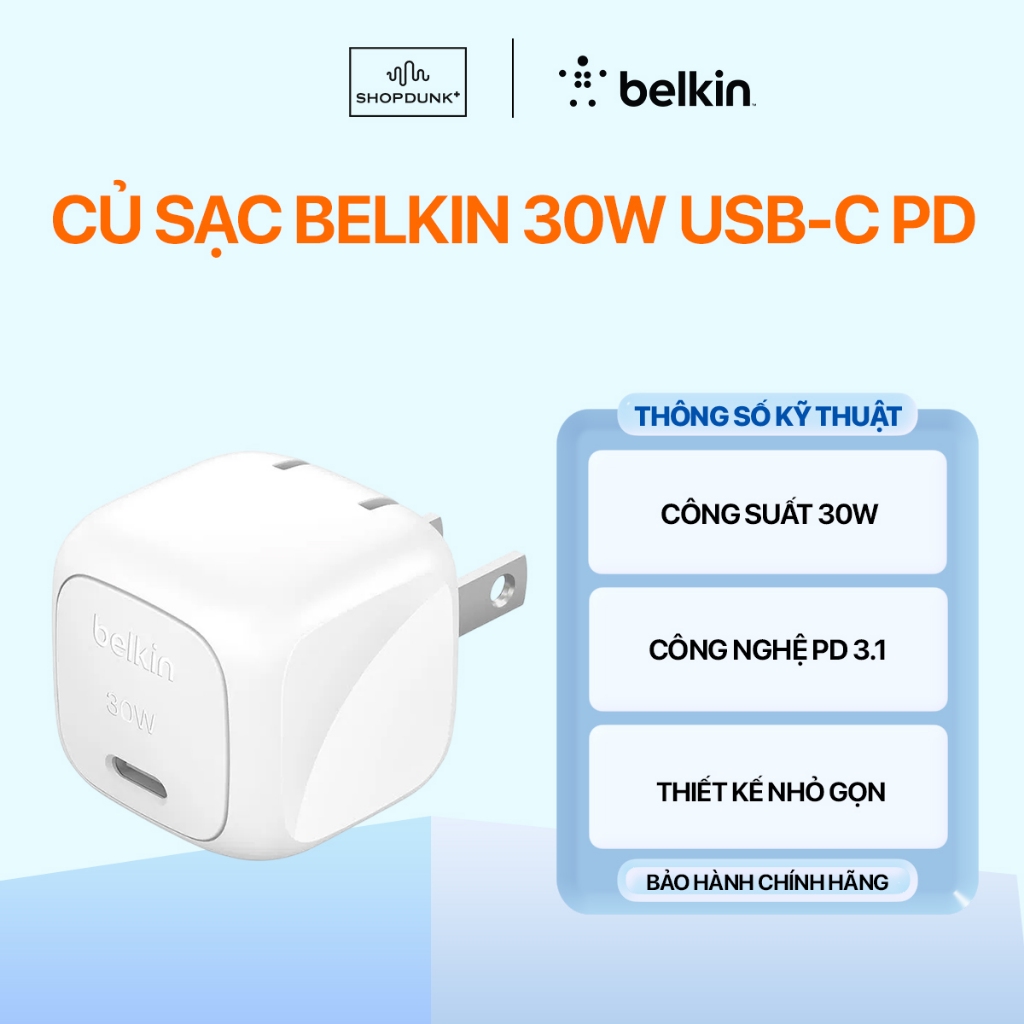 Củ Sạc Nhanh Belkin 30W 1 Cổng USB-C PD Cubic Wall Charger - Màu Trắng Chính Hãng