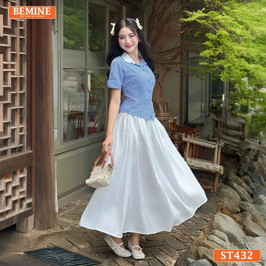 Set BEMINE áo cổ sen đính cúc chân váy xòe dài-ST432