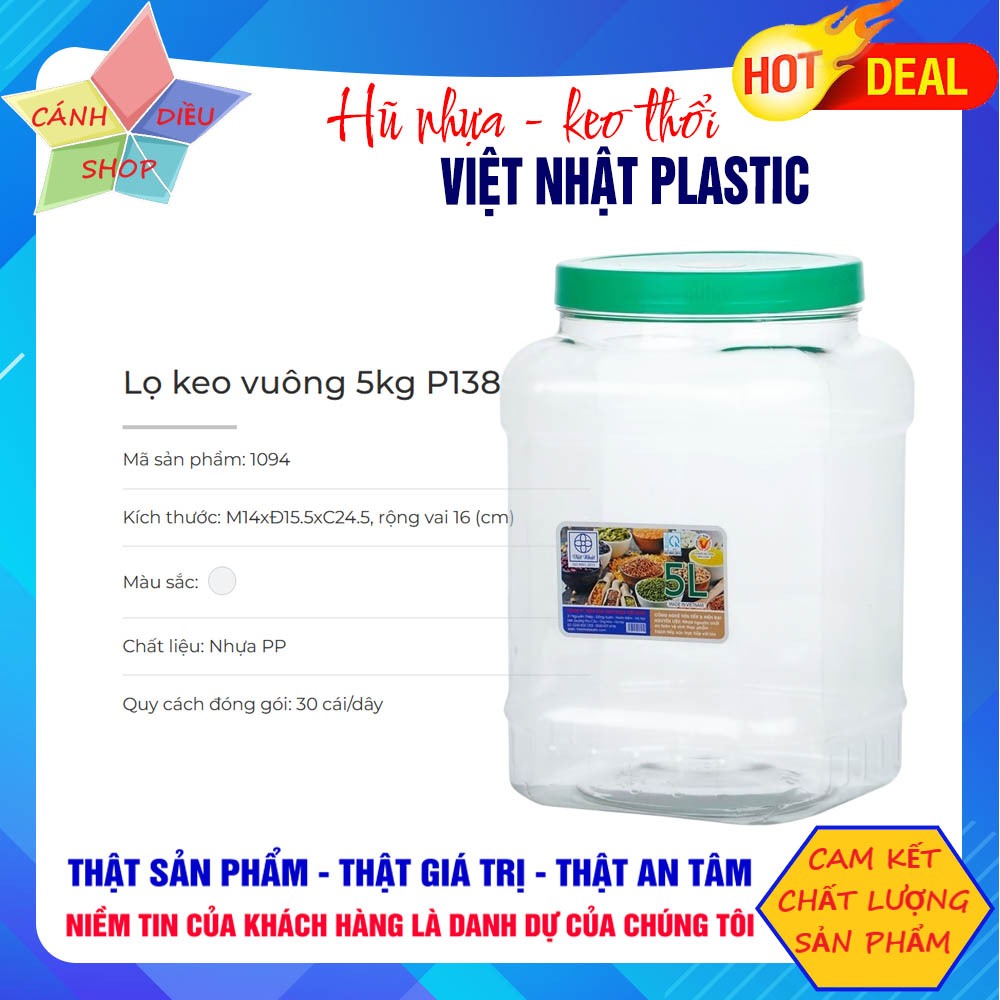 (Hũ vuông Dung tích: 5.0 Lít) Hũ nhựa hộp đựng thực phẩm gia vị keo thổi - Việt Nhật Plastic 1094