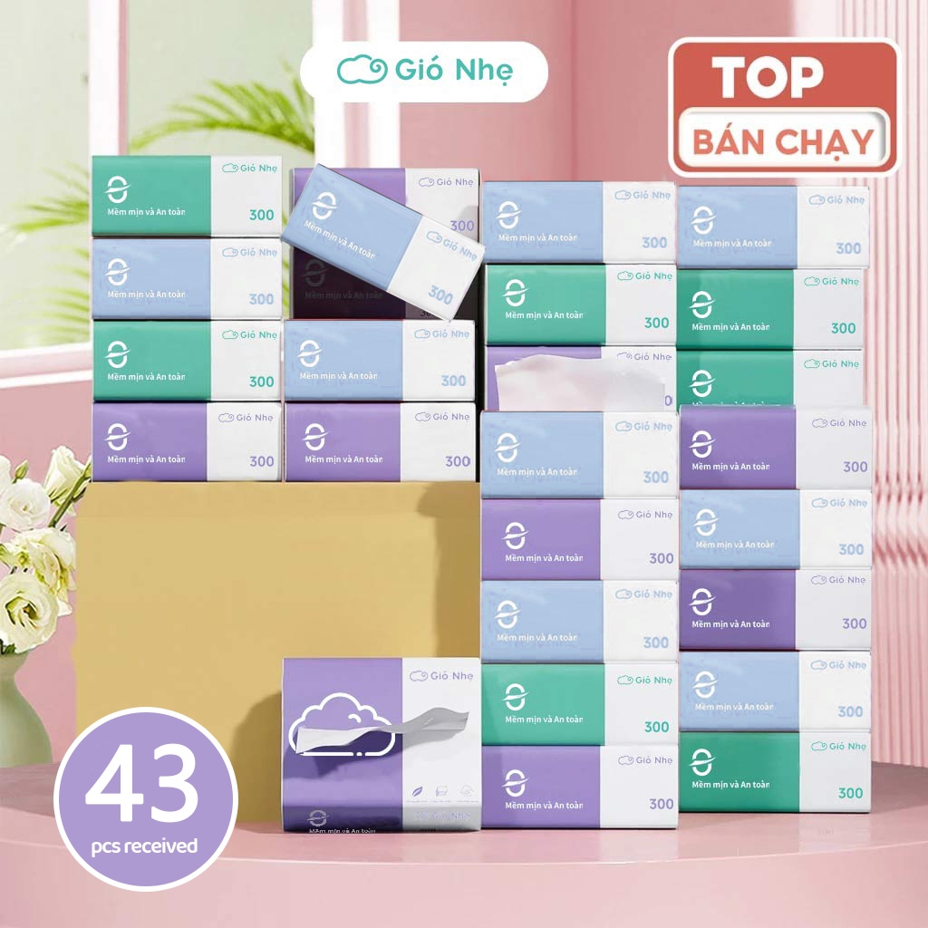 Thùng 43 gói giấy ăn rút Gió Nhẹ 3 màu cao cấp 4 lớp dày dặn, mềm mịn