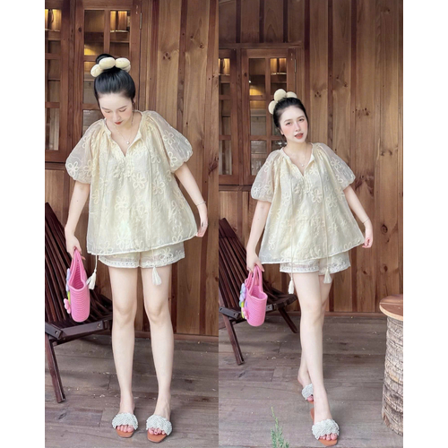 Set Áo Thô Ren Boi Hoa Viền Dây Cổ Tay Bồng 2001 Clothing