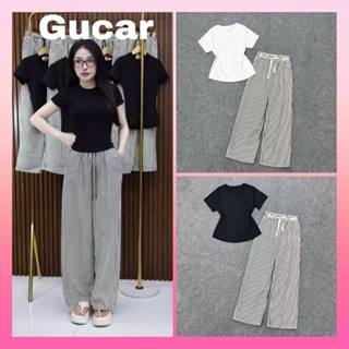 Sét bộ đồ nữ áo cổ tròn tăm hàn mix quần đũi kẻ sọc ống xuông