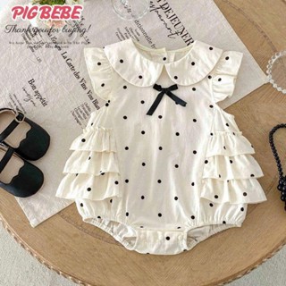 Body Chip Pig BeBe, Áo Liền Quần Chấm Bi Ren Bèo Đính Nơ Chất Đũi Mát Cho Bé Sơ Sinh Từ 3-12Kg