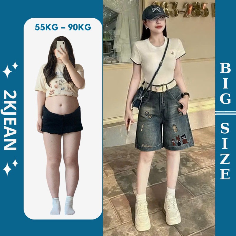 Quần short ngố jean nữ rách thêu Mèo Chuột bigsize 55-85kg, quần ngố lửng rách cạp lưng thun thêu QC