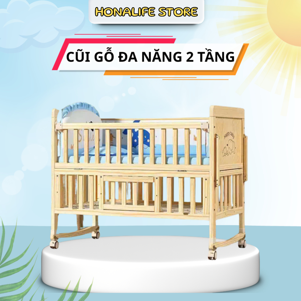 Cũi cho bé kích thước 105x60cm, Ngủ ghép giường bố mẹ, 2 Tầng, Đa năng, Linh Hoạt- Honalife