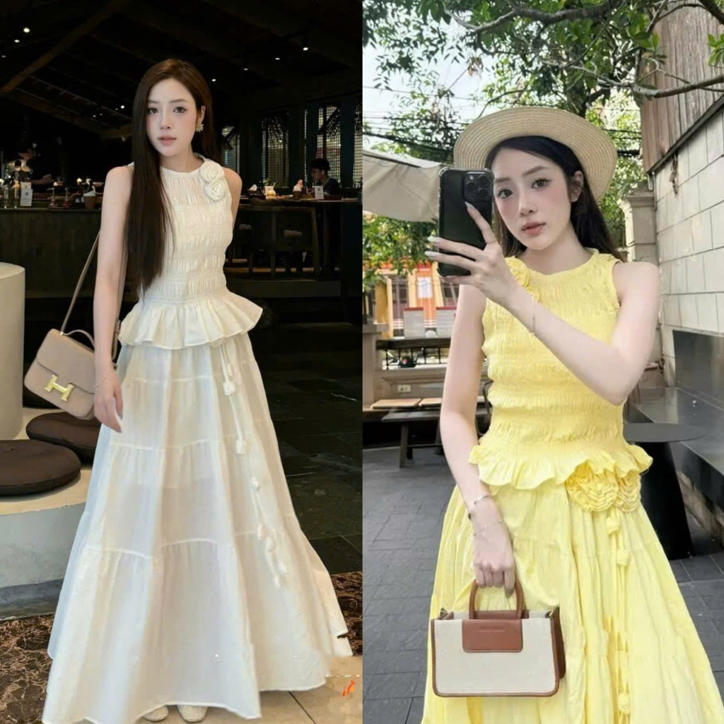 Set Đũi Chun 2 Màu Sát Nách Kèm 2 Hoa Trên Dưới Mix Cv Xòe Dài Cùng Tone Dày Dặn Phối Dây Đi Biển (K