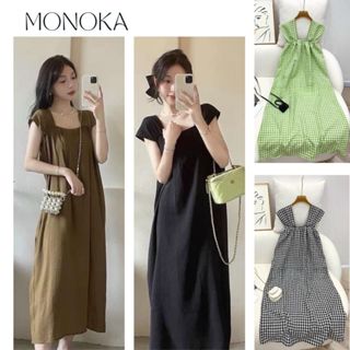 Váy dài maxi đi biển form rộng tay hến cổ vuông suông Đầm bầu chất đũi basic trẻ trung mặc nhà đi chơi bigsize T1092G